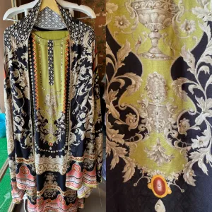 Muslin Silk digital printed Pakistani semi stitched Suit with original mirror work highlighting on the shirt front