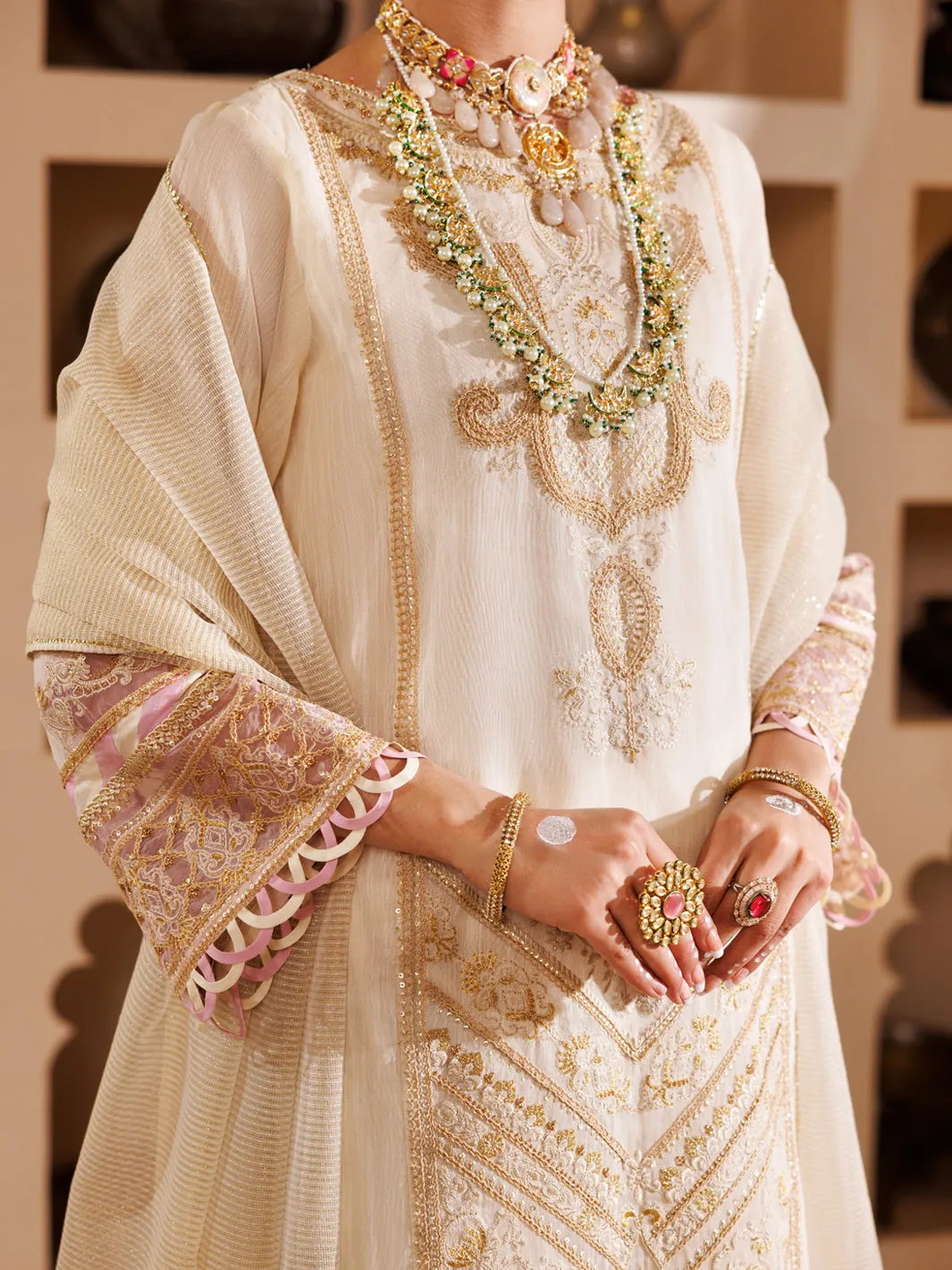 Off White Khaddi Shimmer Gold 3 Piece Formal Unstitched - AL-3PS-LS-UN-457
