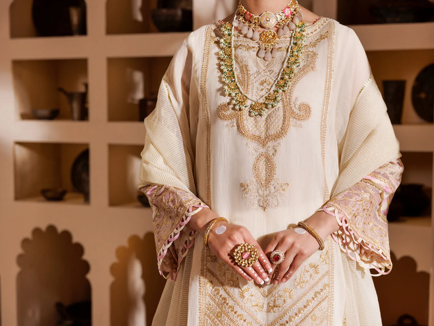 Off White Khaddi Shimmer Gold 3 Piece Formal Unstitched - AL-3PS-LS-UN-457