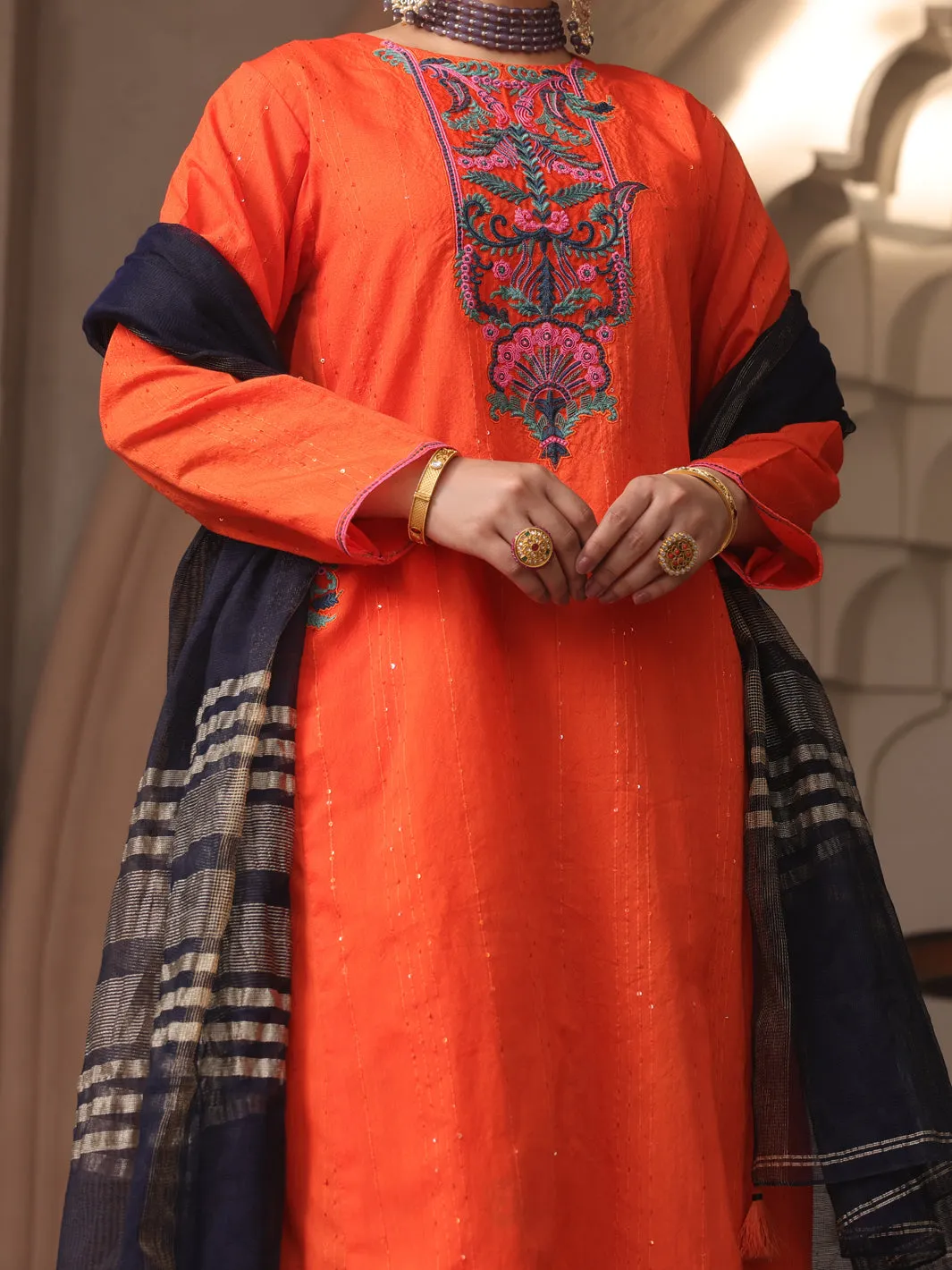 Orange Dyed Sequence 3 Piece Unstitched - ALP-3PS-1643