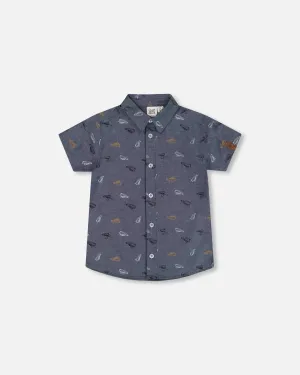 Printed Chambray Short Sleeve Shirt Gray, White And Tan