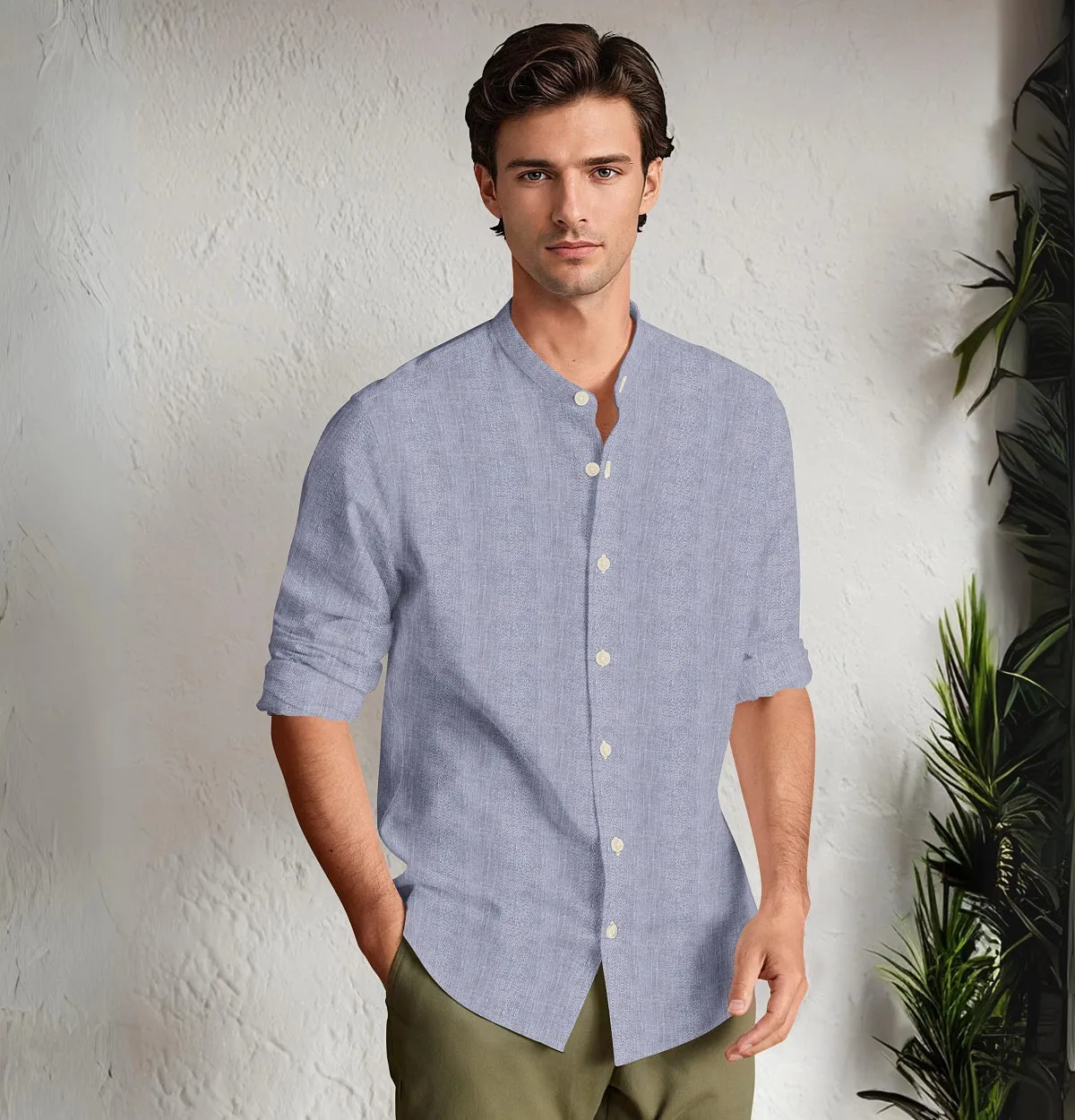 Pure Linen - Band Collar - Long Sleeve - Lavender Mist