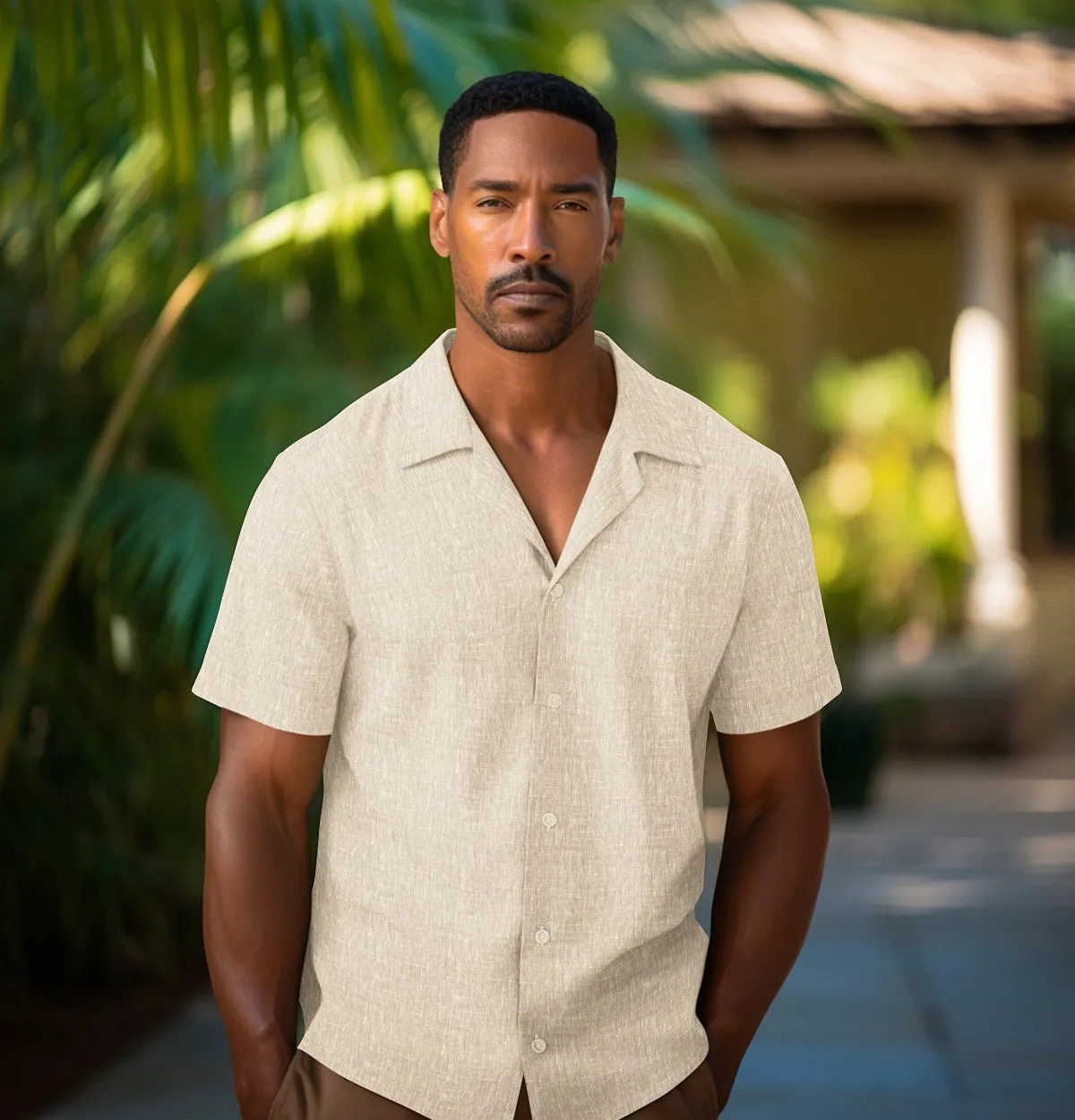 Pure Linen - Camp Collar - Short Sleeve - Beige