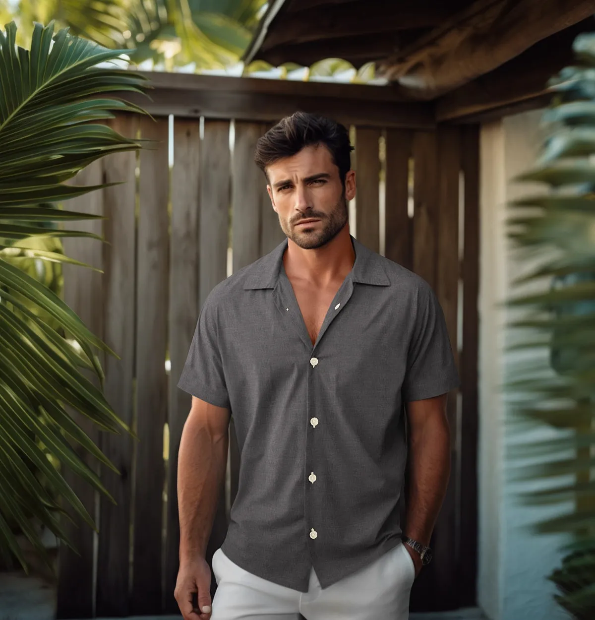 Pure Linen - Camp Collar - Short Sleeve - Gray