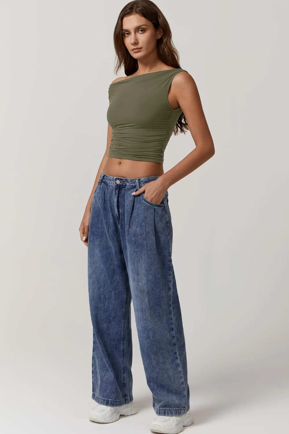 QINSEN Womens One Shoulder Sleeveless Basic Top Double Lined Slim Fit T Shirt Cropped Tee