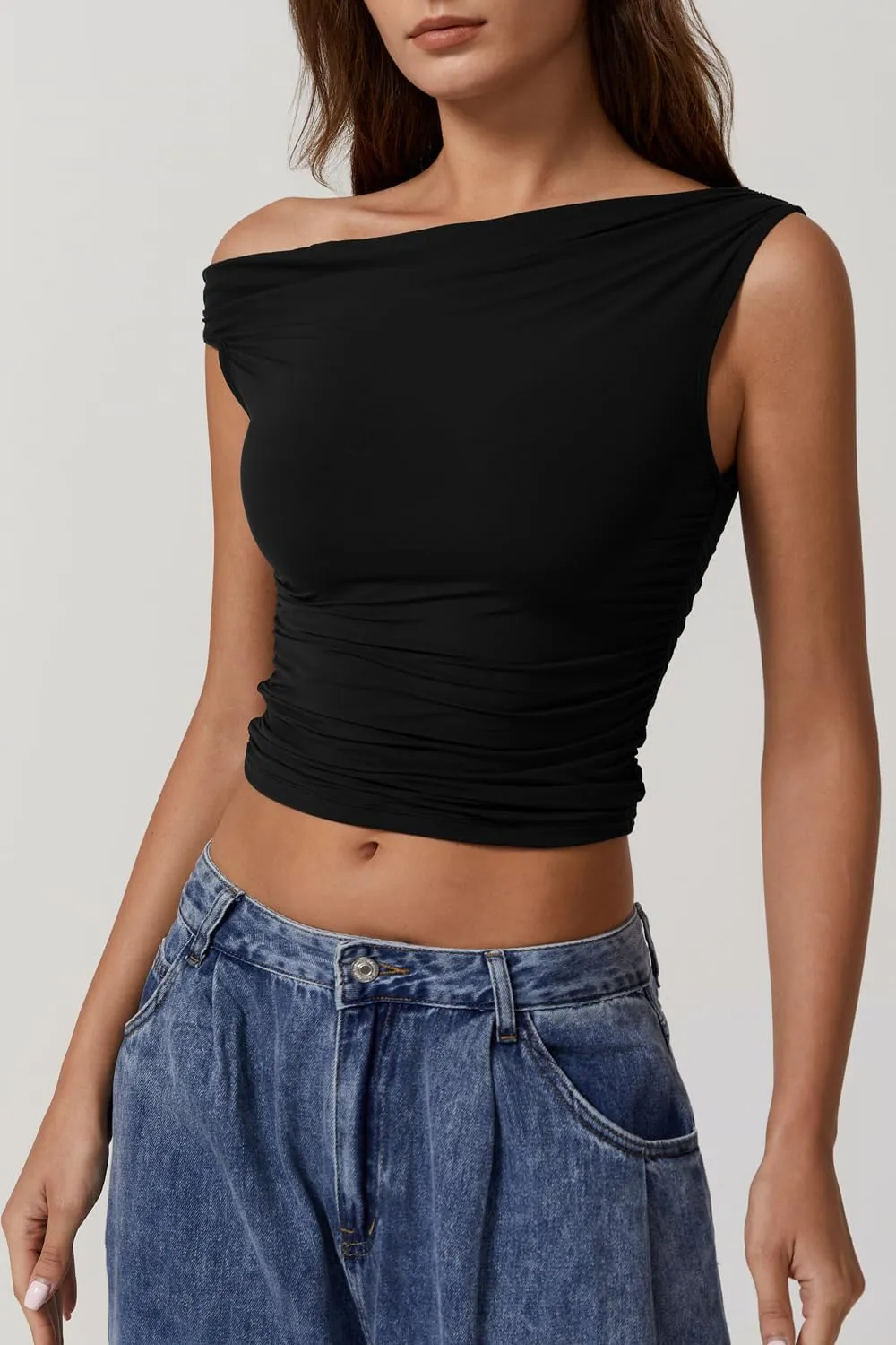 QINSEN Womens One Shoulder Sleeveless Basic Top Double Lined Slim Fit T Shirt Cropped Tee