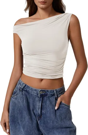 QINSEN Womens One Shoulder Sleeveless Basic Top Double Lined Slim Fit T Shirt Cropped Tee