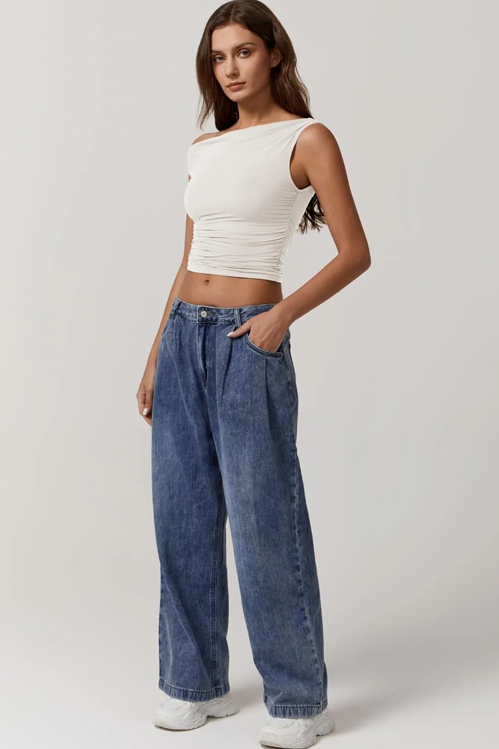 QINSEN Womens One Shoulder Sleeveless Basic Top Double Lined Slim Fit T Shirt Cropped Tee