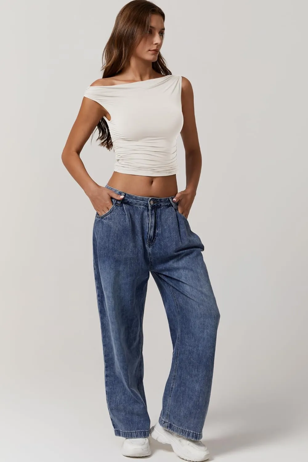QINSEN Womens One Shoulder Sleeveless Basic Top Double Lined Slim Fit T Shirt Cropped Tee