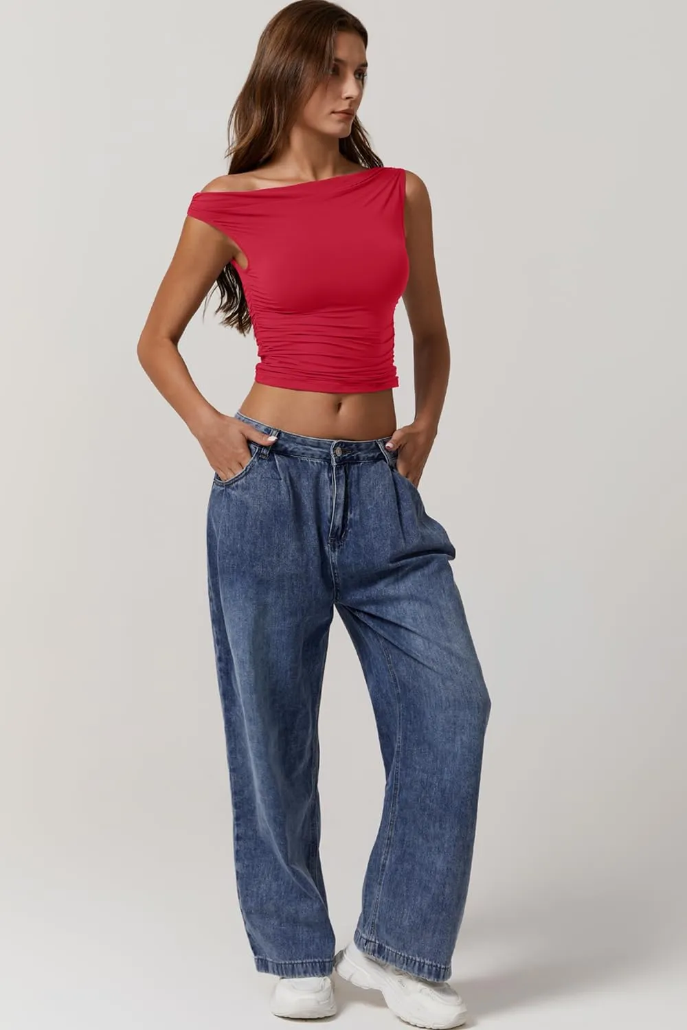 QINSEN Womens One Shoulder Sleeveless Basic Top Double Lined Slim Fit T Shirt Cropped Tee