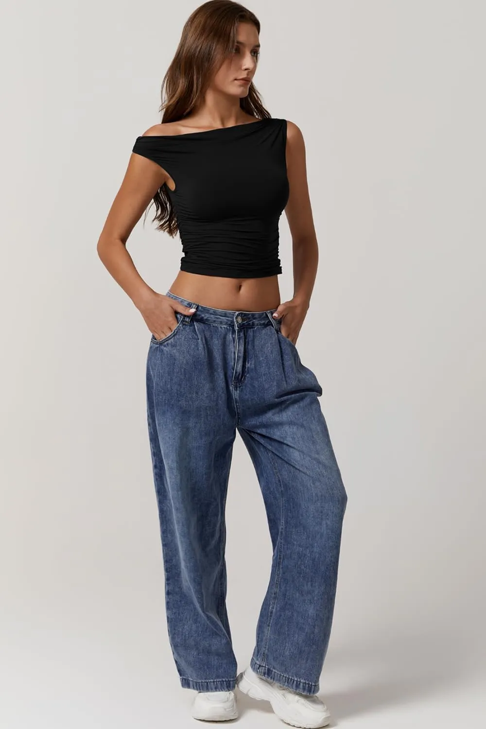 QINSEN Womens One Shoulder Sleeveless Basic Top Double Lined Slim Fit T Shirt Cropped Tee
