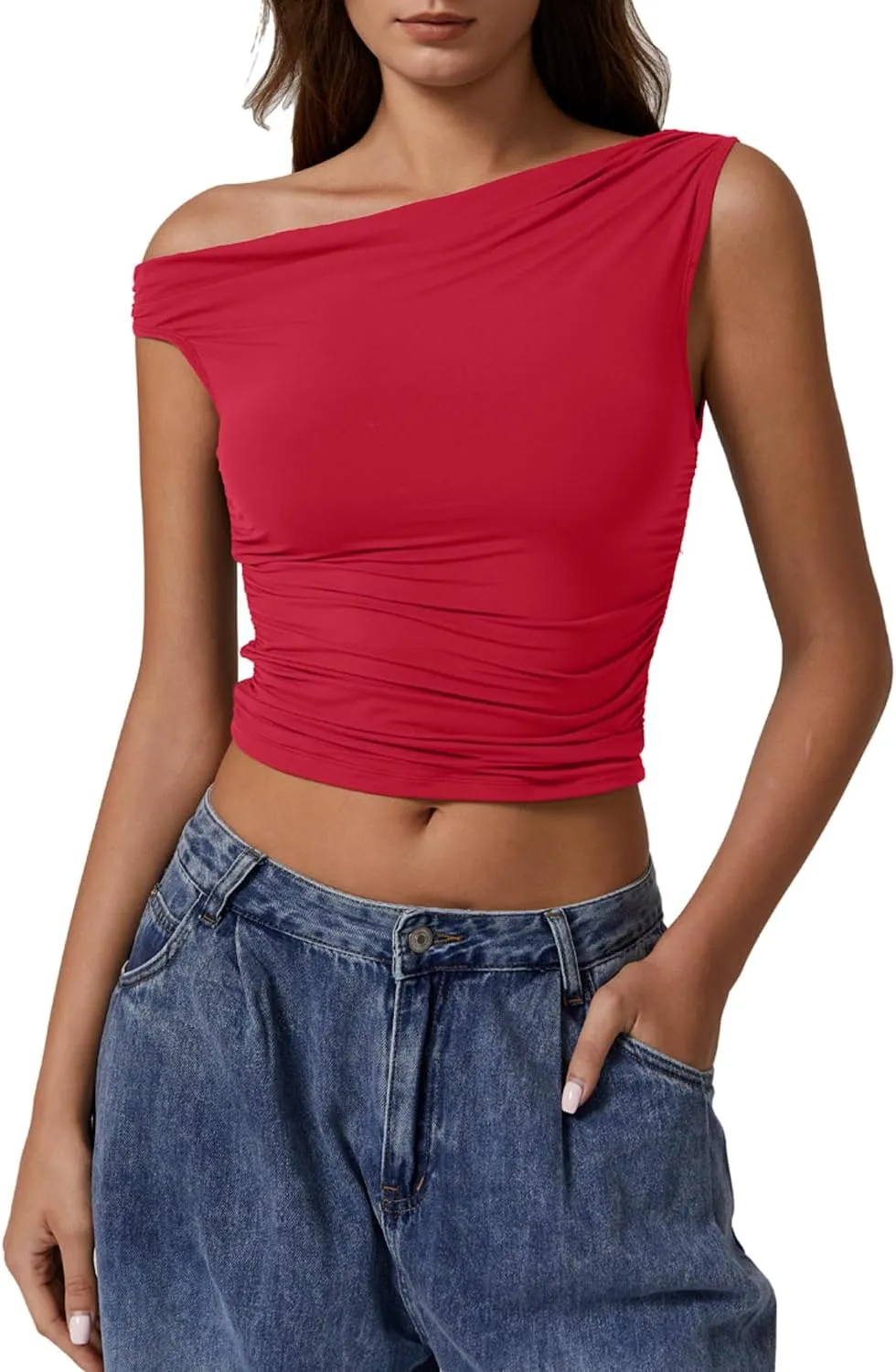 QINSEN Womens One Shoulder Sleeveless Basic Top Double Lined Slim Fit T Shirt Cropped Tee