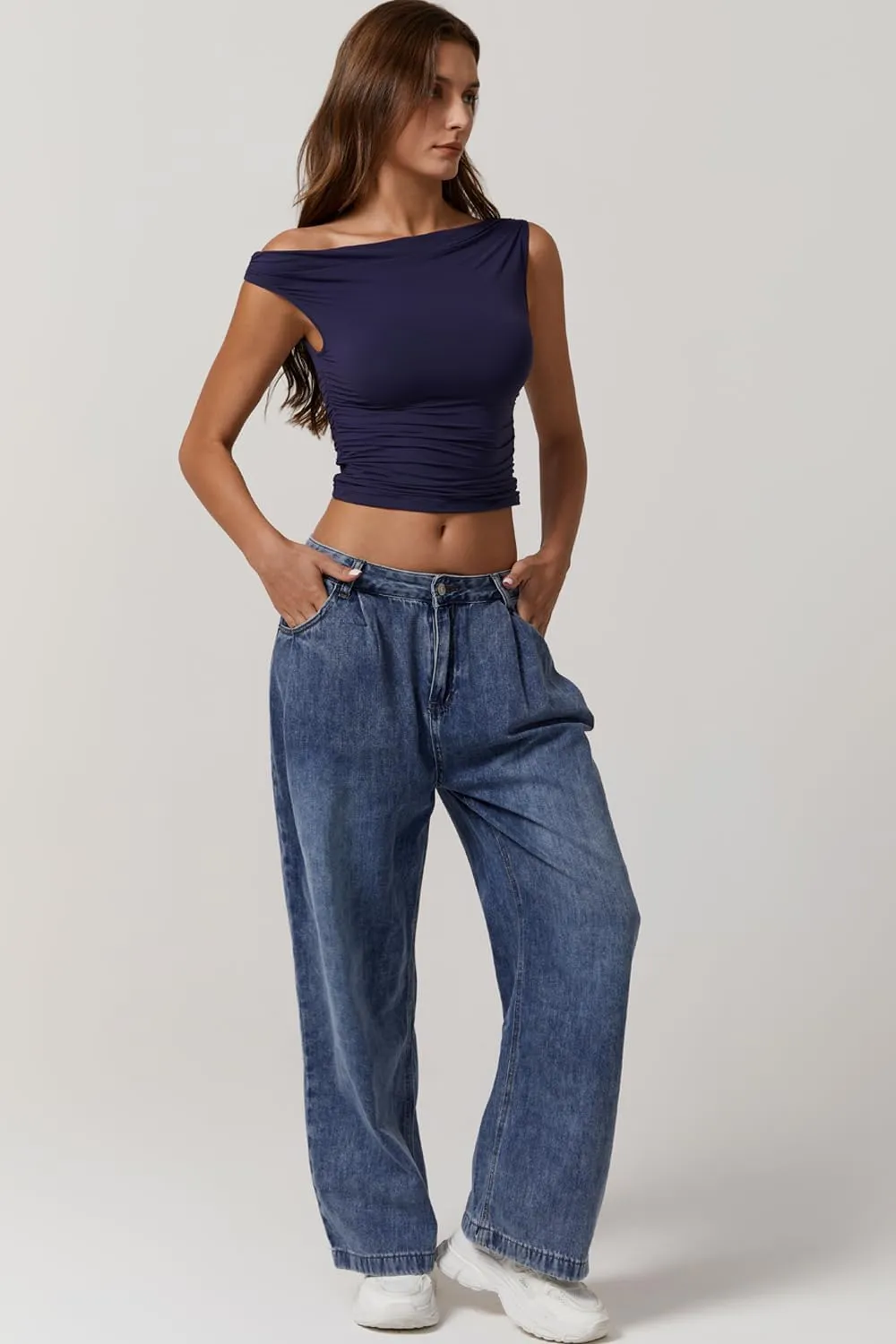 QINSEN Womens One Shoulder Sleeveless Basic Top Double Lined Slim Fit T Shirt Cropped Tee