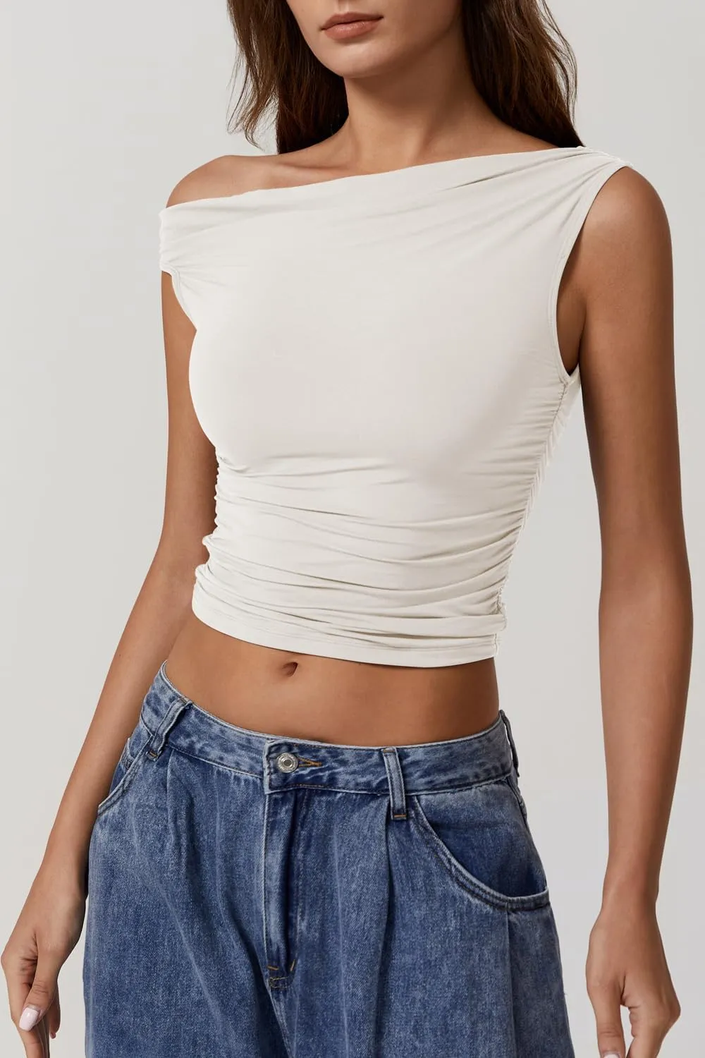 QINSEN Womens One Shoulder Sleeveless Basic Top Double Lined Slim Fit T Shirt Cropped Tee