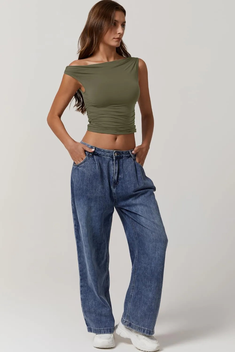 QINSEN Womens One Shoulder Sleeveless Basic Top Double Lined Slim Fit T Shirt Cropped Tee