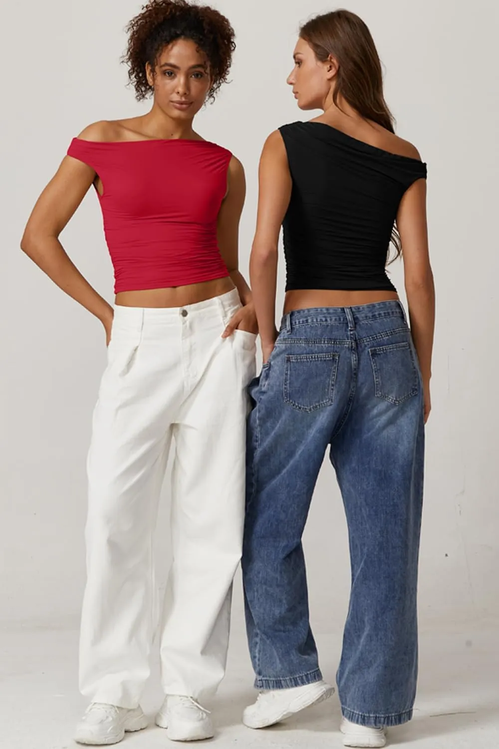 QINSEN Womens One Shoulder Sleeveless Basic Top Double Lined Slim Fit T Shirt Cropped Tee