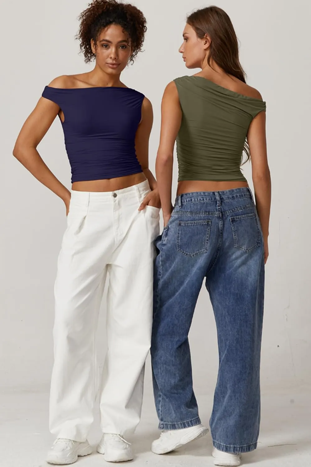 QINSEN Womens One Shoulder Sleeveless Basic Top Double Lined Slim Fit T Shirt Cropped Tee