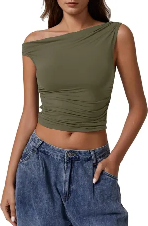 QINSEN Womens One Shoulder Sleeveless Basic Top Double Lined Slim Fit T Shirt Cropped Tee