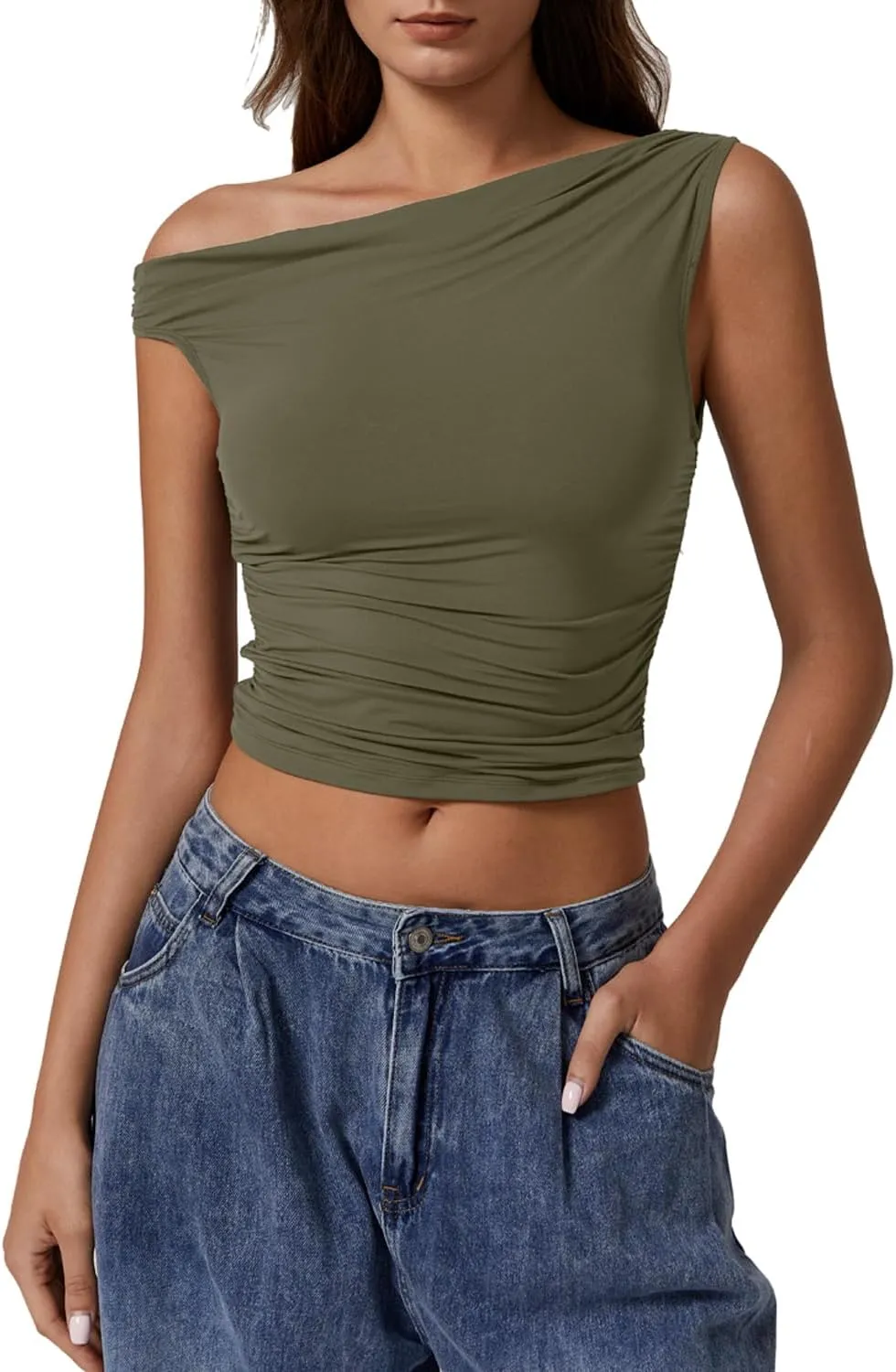 QINSEN Womens One Shoulder Sleeveless Basic Top Double Lined Slim Fit T Shirt Cropped Tee