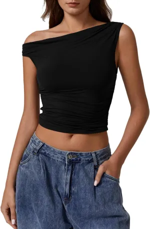QINSEN Womens One Shoulder Sleeveless Basic Top Double Lined Slim Fit T Shirt Cropped Tee