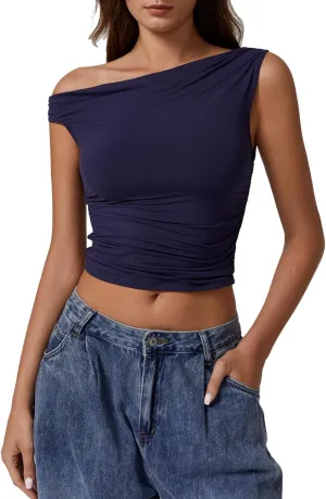 QINSEN Womens One Shoulder Sleeveless Basic Top Double Lined Slim Fit T Shirt Cropped Tee