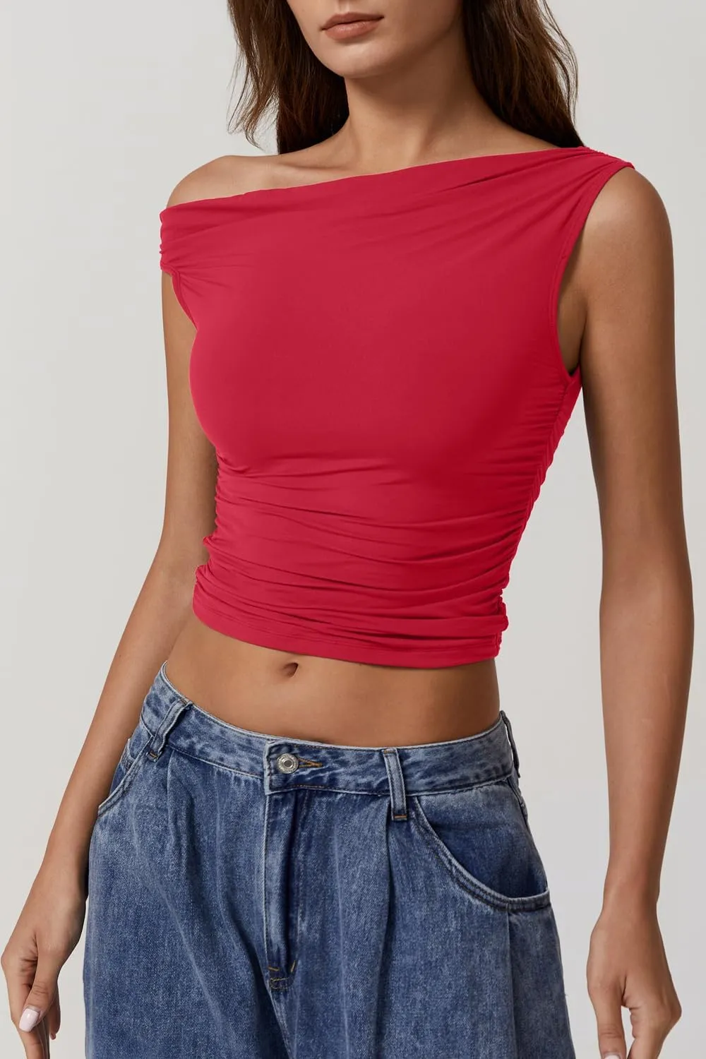 QINSEN Womens One Shoulder Sleeveless Basic Top Double Lined Slim Fit T Shirt Cropped Tee