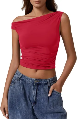 QINSEN Womens One Shoulder Sleeveless Basic Top Double Lined Slim Fit T Shirt Cropped Tee