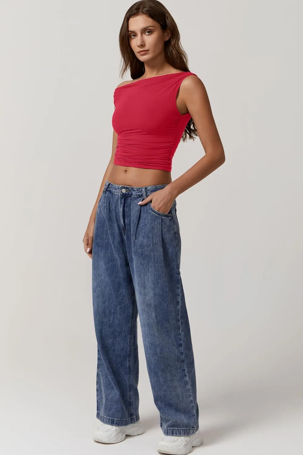 QINSEN Womens One Shoulder Sleeveless Basic Top Double Lined Slim Fit T Shirt Cropped Tee