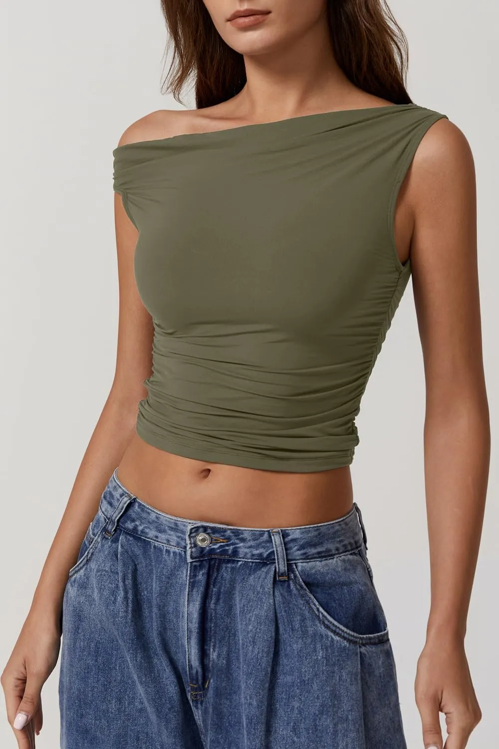 QINSEN Womens One Shoulder Sleeveless Basic Top Double Lined Slim Fit T Shirt Cropped Tee