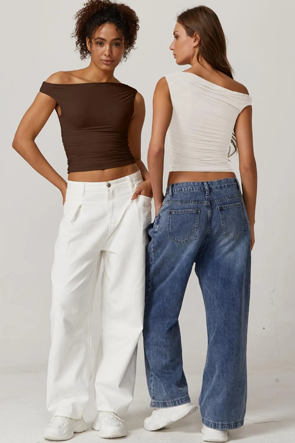 QINSEN Womens One Shoulder Sleeveless Basic Top Double Lined Slim Fit T Shirt Cropped Tee
