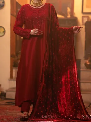 Red Sheesha Silk 3 Piece Formal Unstitched - AL-3PS-LS-439