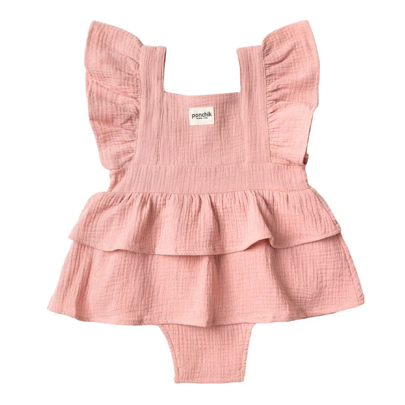 Ruffle Skirt   Shoulder Frill Romper - Dusty Pink Muslin