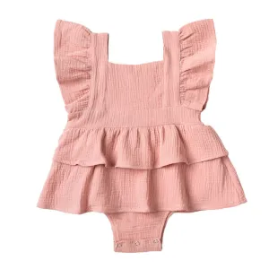 Ruffle Skirt   Shoulder Frill Romper - Dusty Pink Muslin