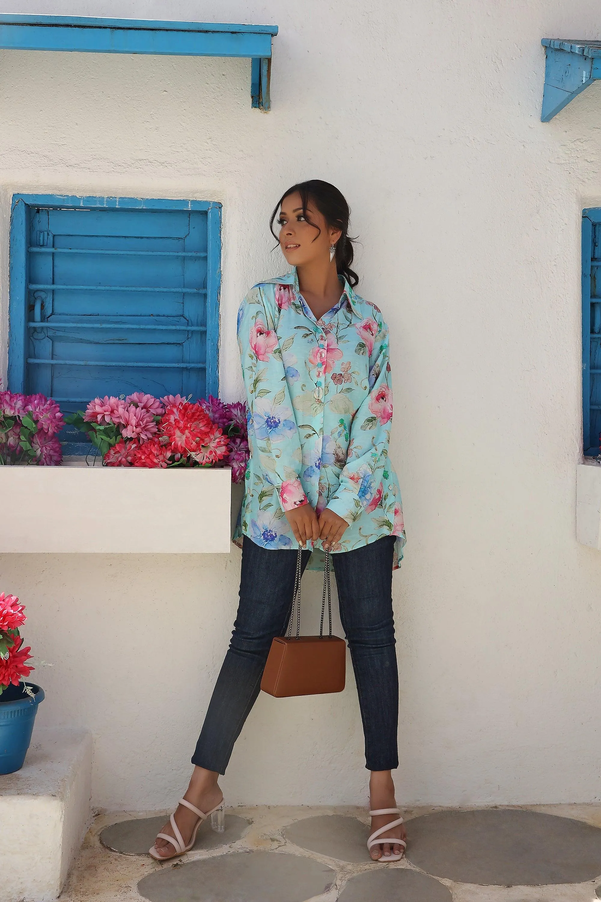 Sky Blue Floral Print Shirt Style Tunic