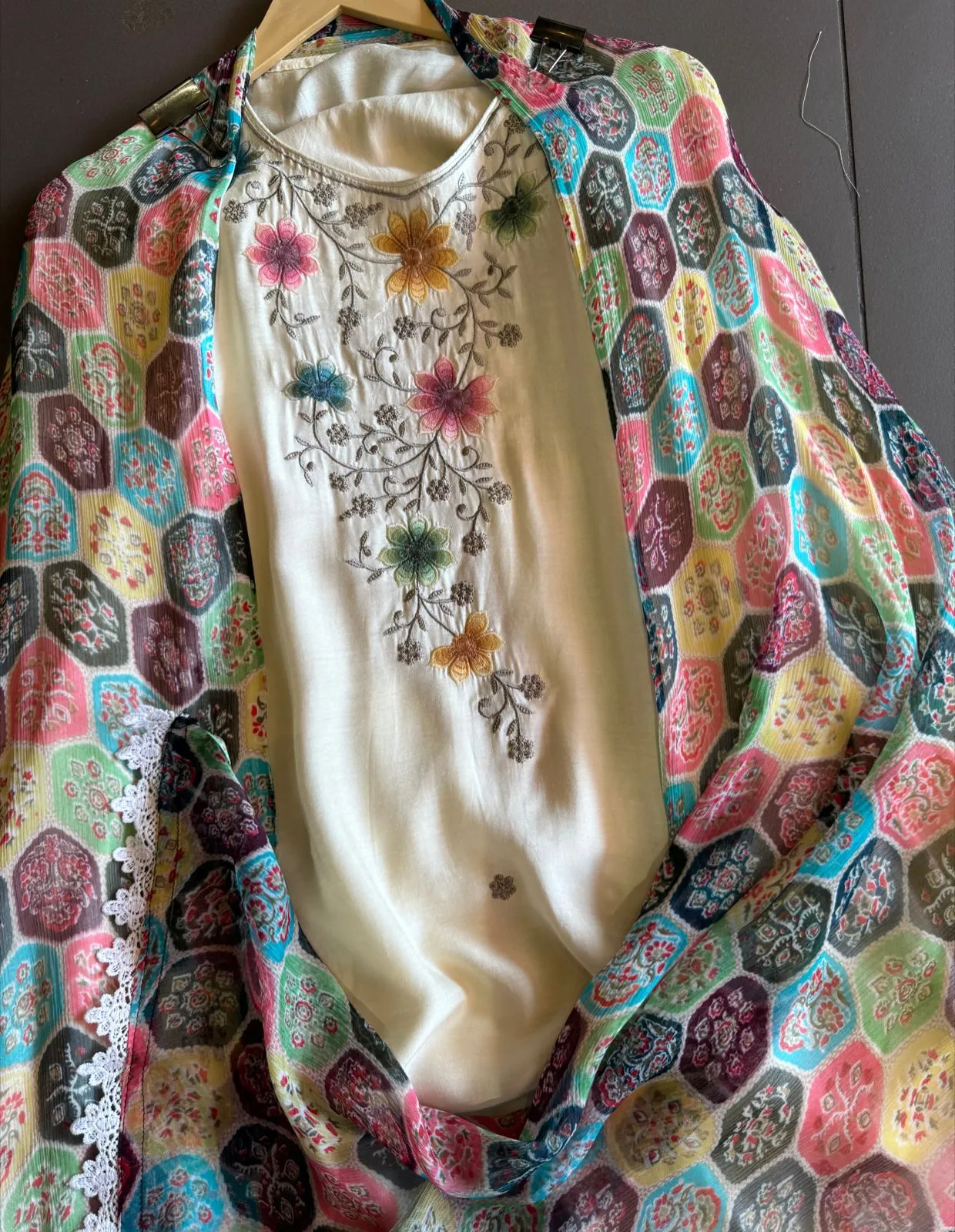 Soft cotton muslin unstitched full size shirt with thread Kadhai on the neckline