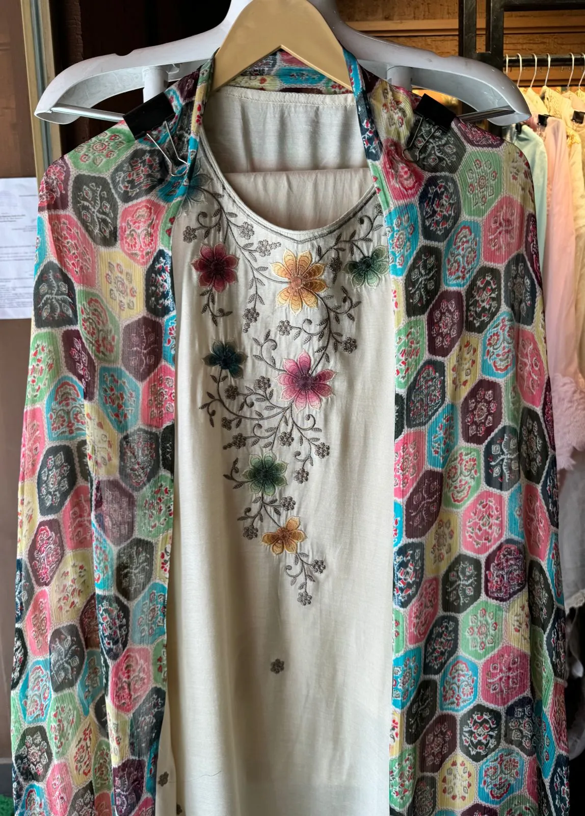 Soft cotton muslin unstitched full size shirt with thread Kadhai on the neckline