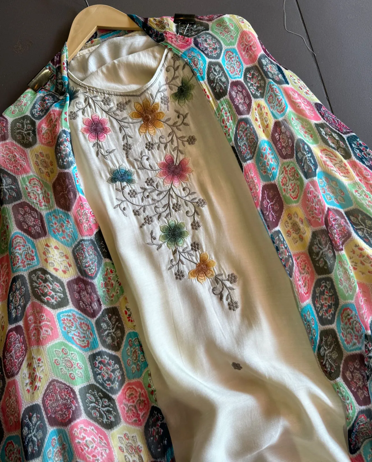 Soft cotton muslin unstitched full size shirt with thread Kadhai on the neckline