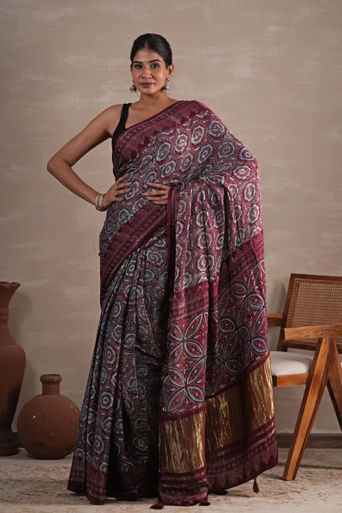 Sooti Syahi 'Carmine Cascade' Hand Block Printed  Modal Tissue Saree