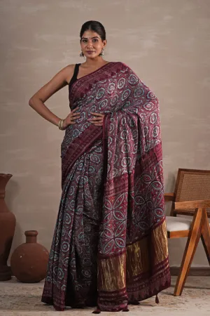 Sooti Syahi 'Carmine Cascade' Hand Block Printed  Modal Tissue Saree