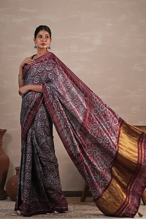 Sooti Syahi 'Carmine Cascade' Hand Block Printed  Modal Tissue Saree