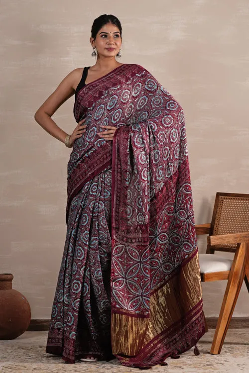 Sooti Syahi 'Carmine Cascade' Hand Block Printed  Modal Tissue Saree