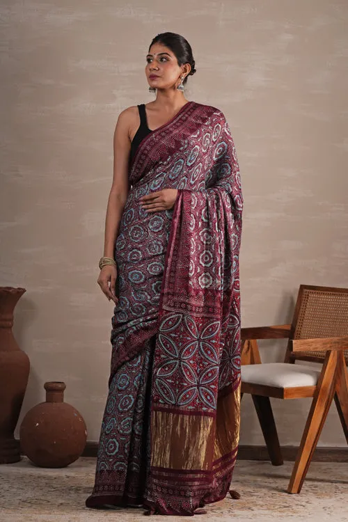 Sooti Syahi 'Carmine Cascade' Hand Block Printed  Modal Tissue Saree