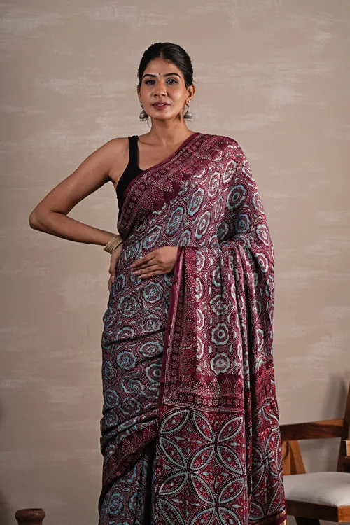 Sooti Syahi 'Carmine Cascade' Hand Block Printed  Modal Tissue Saree