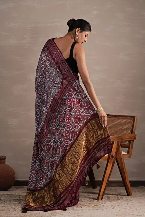 Sooti Syahi 'Carmine Cascade' Hand Block Printed  Modal Tissue Saree
