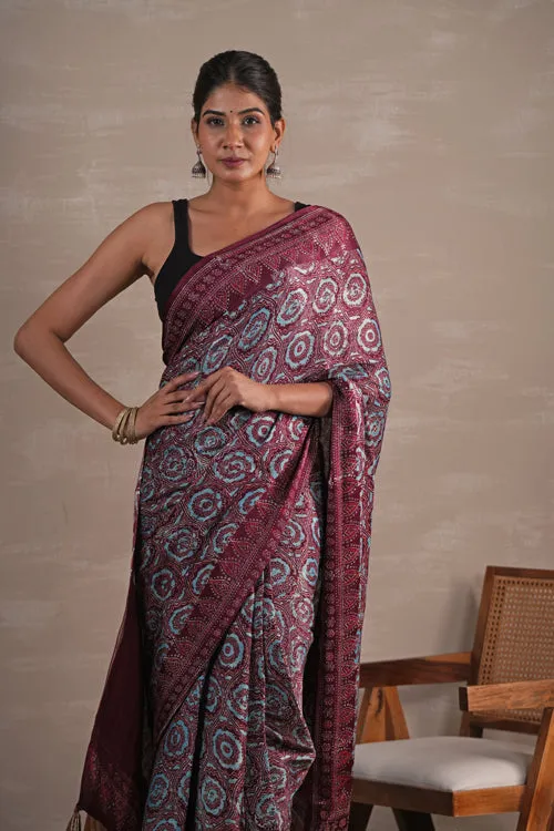 Sooti Syahi 'Carmine Cascade' Hand Block Printed  Modal Tissue Saree