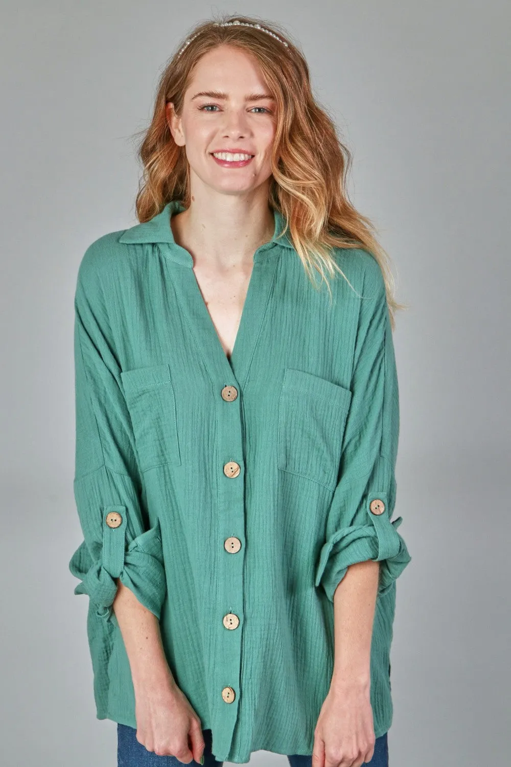 Textured Cotton Button Up - Jade