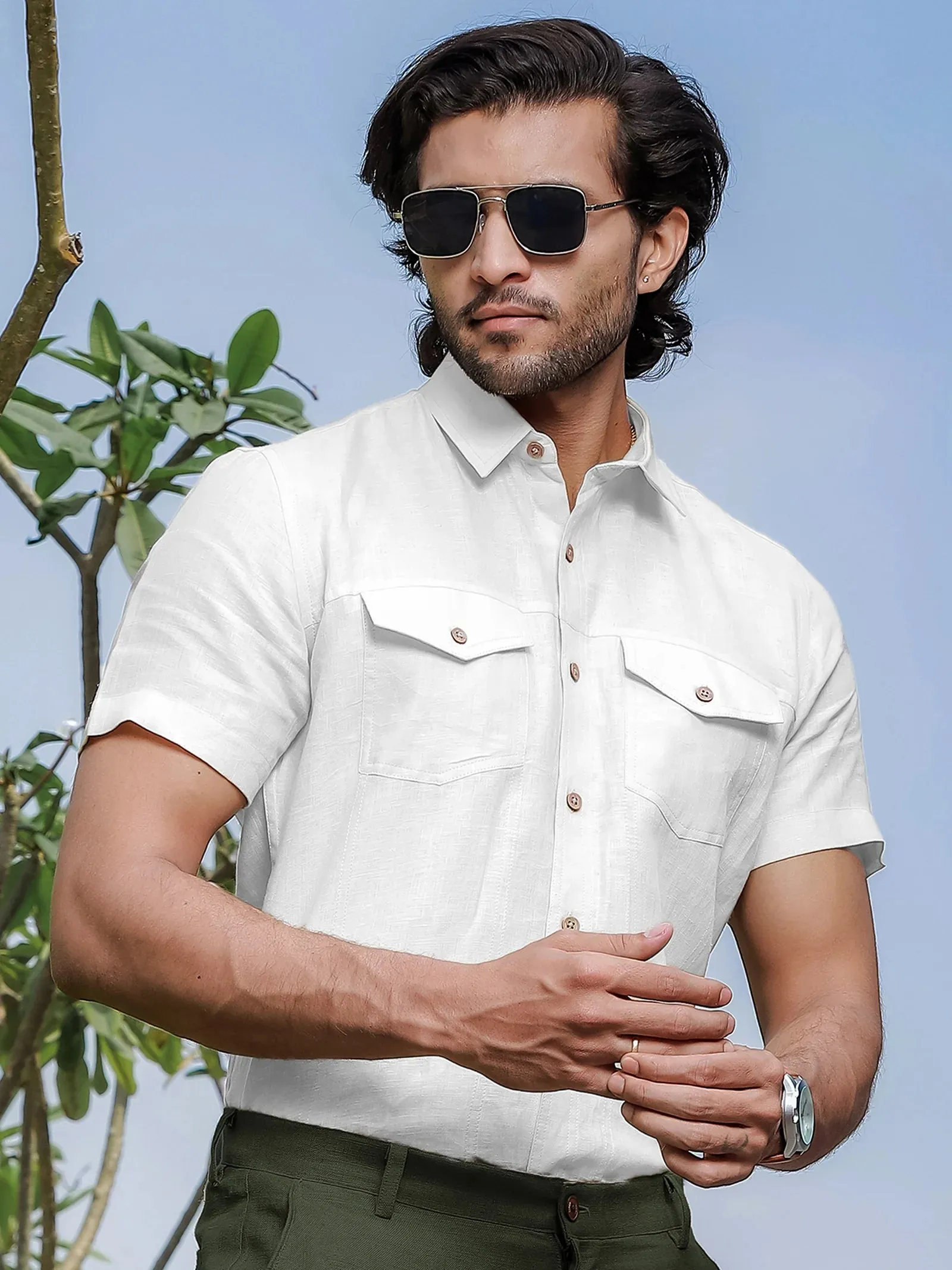 Thomas - Pure Linen Double Pocket Short Sleeve Shirt - White