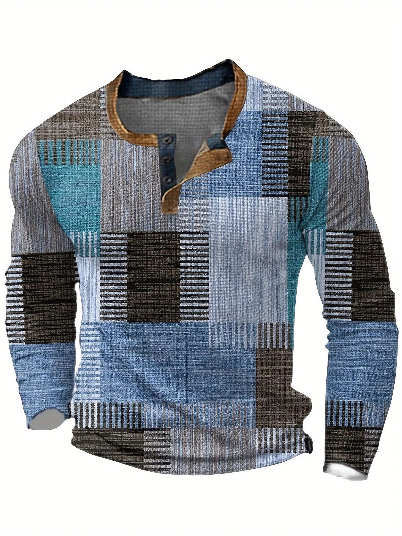 TruiFit - Heren Patchwork Lange Mouw Henley Shirt met Knoopsluiting