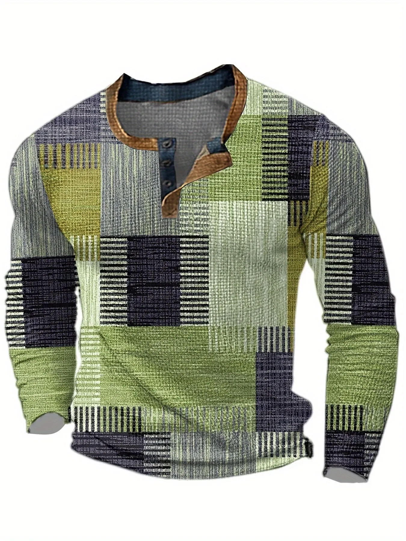 TruiFit - Heren Patchwork Lange Mouw Henley Shirt met Knoopsluiting