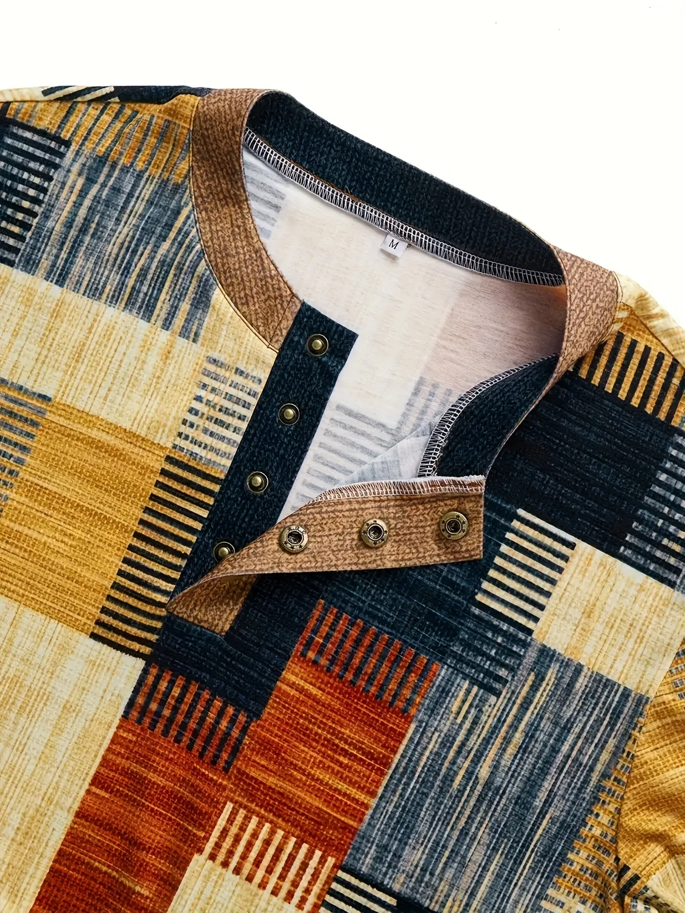 TruiFit - Heren Patchwork Lange Mouw Henley Shirt met Knoopsluiting